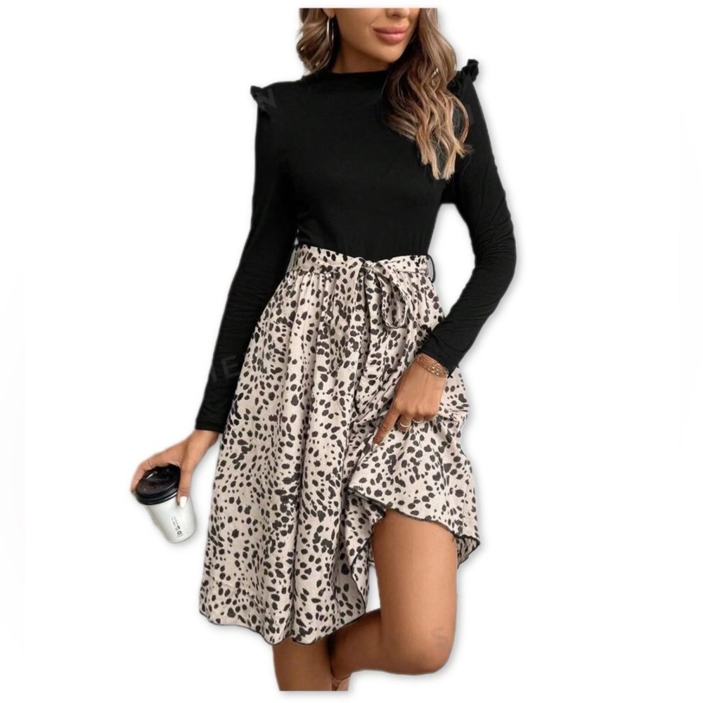Cheetah Leopard Print Ruffle Trim Belted Flare Dress